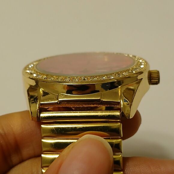 Jessica Carlyle Gold Tone Stretch Band Pink Face Rhinestone Bezel Quartz Watch - Picture 14 of 15